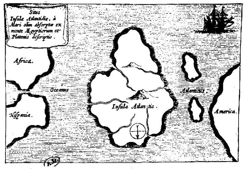 Ipotetica mappa di Atlantide presente nel Mundus Subterraneus di Athanasius Kircher (1665).